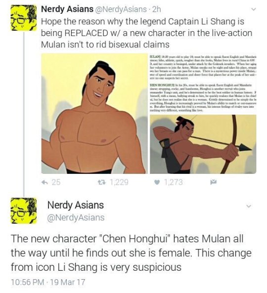 gilganyan-24:  makeupbyemko:   alma-ren:  sodomymcscurvylegs:  vaderwan:  disney: mulan live action movie me: disney: me:   The change from Li Shang is concerning, and not only because it’s erasing a very distinctly bisexual character. Forget sexuality: