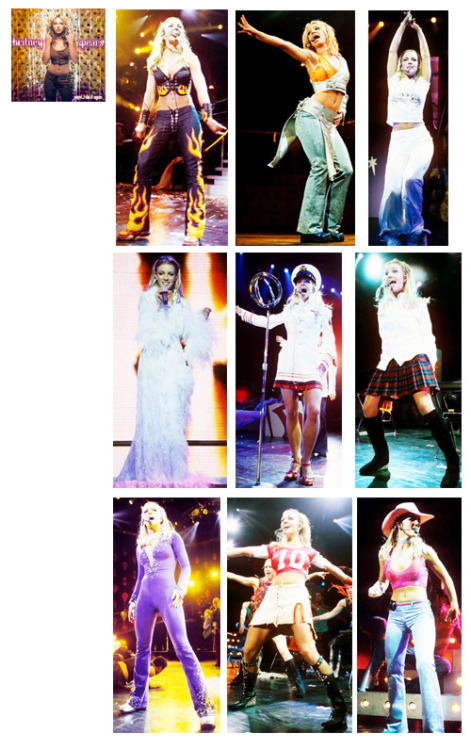 ricki-minaj:  triptoyourheart-britney:  Britney Spears  casas de cambio de vestuario 1998 - 2014 -Baby One More Time tour -Crazy 2k tour -Oops lo hice viaja otra vez -Dream Within A Dream Tour -Onyx Hotel Tour -House of Blues tour -The Circus