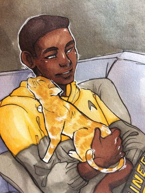 grumpycakes: INKTOBER DAY ONE!!! Geordi getting some cat snuggles during a chill night at Data&rsquo