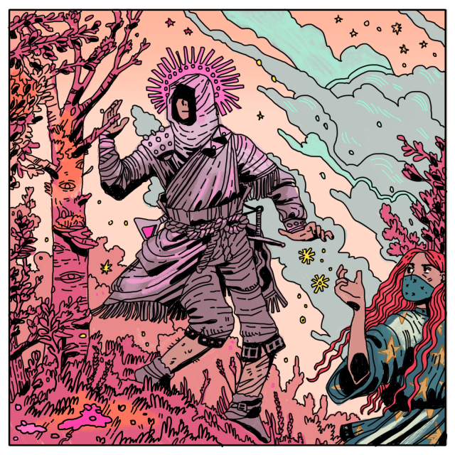 a rogue and sorcerer fleeing through the woods