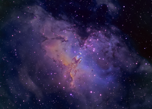 The Eagle Nebula is a region of star formation, ranging at about 90 trillion kilometers long. To put