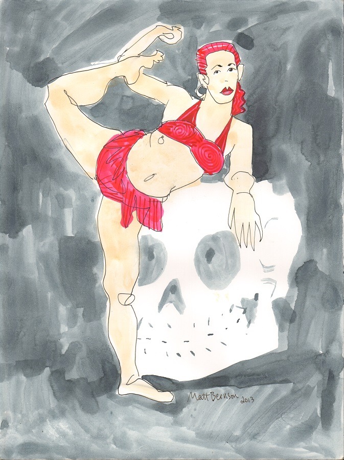 Drawings of Lilly Bordeaux done at Dr. Sketchy&rsquo;s Boston. Ink and watercolor