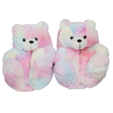 transparent image of fuzzy slippers that look like pastel rainbow bears