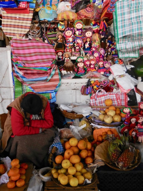 Vendedora de frutas, telas, muñecas y otros artículos, mercado de San Pablo, Cusco, 2017.Taken near 
