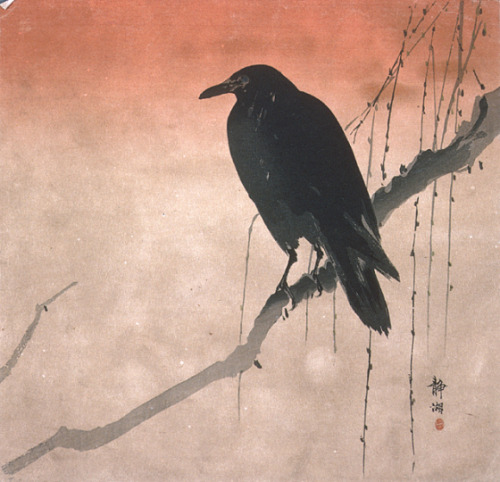 thejapanesewoodblock:UntitledDescriptive: Crow on a willow branchOkuhara Seiko (Japan, 1837-1913)Jap