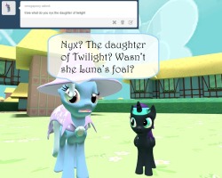 asktrixandberry:  Trixie: Trixie thinks she’s a sweet filly.  omg lookit da lil&rsquo; Nyx~! &lt;3