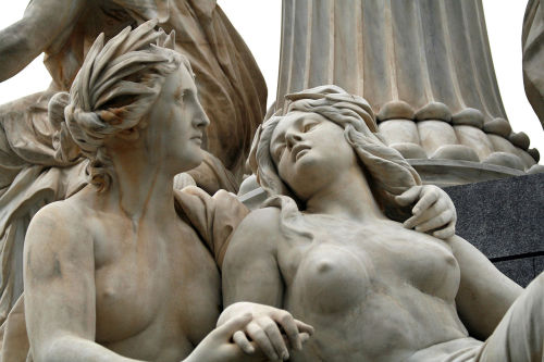statuemania-blog:  Allegorical depictions of the rivers Elbe (left) and Vltava. Athena Fountain, Austrian Parliament, Vienna, Austria. 