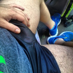 hirsutehypersex:  Bulging and flashing at a KX cafe in my footys before gym