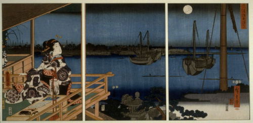 nobrashfestivity:Utagawa Hiroshige,  Full Moon at the Harbor or Lady Murasaki Watching the Autumn Mo