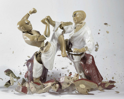 minicheck:  Photographer Martin Klimas’ breaking porcelain figurines. “From a height of three meters, porcelain figurines are dropped on the ground, and the sound they make when they hit trips the shutter release. The result: razor-sharp images of