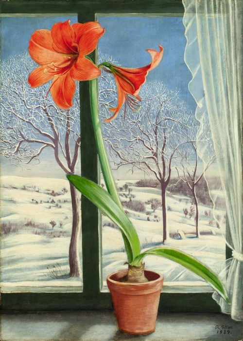 huariqueje:Still life with amaryllis at the window   -   Franz Lenk , 1939.German,  1898 -1968Oil and tempera on masonite , 70 x 50 cm    27 ½ x 19 5/8 in.