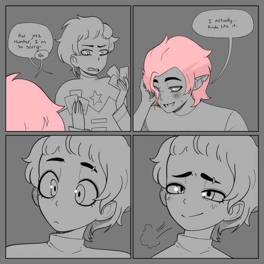 toomanymarkers:  You’ve heard of “Hunter dyes his hair red to match Flapjack” now get ready for “Hunter TRIES to dye his hair red but the sibling hair-dying ritual goes horribly wrong and now it is pink”
