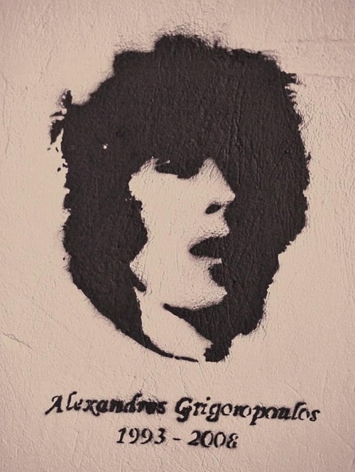 Memorial murals and stencil for Alexis Grigoropoulos, a 15-year-old anarchist who was murdered by po