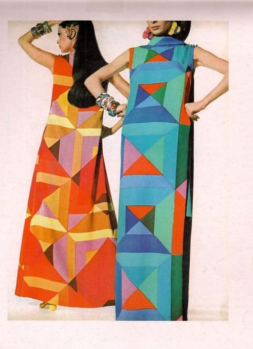 Sarmi silk crepe geometric print caftan dresses in Vogue, 1967