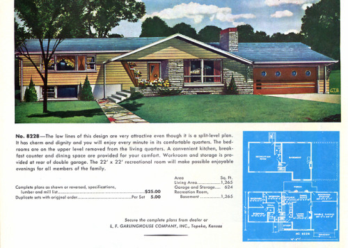 vintagehomeplans:United States, c. 1960: No. 8228A split-level house with a roofline making it look 