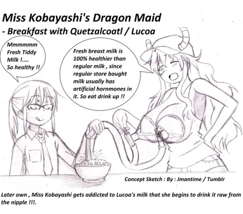 jmantime:  Miss Kobayashi’s Dragon Maid - Breakfast time with Quetzalcoatl Lucoa  Tiddy Milk + Cereal , this was a fan request , i’m tryin to draw your request but theirs so many !!!! LOL - anyway anymore ideas for comic’s ?   Dragon milk~ ;9