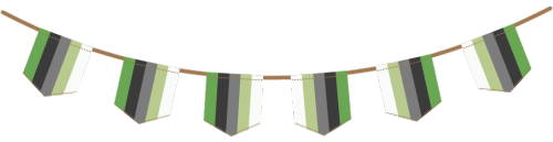 [image description: six different cartoon-style bunting graphics, featuring six pride flags hanging 