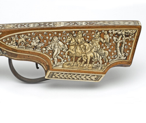 Crossbow with bone inlays, depicting hunting scenes, 17th century. Germany. Via Museum of Applied Ar