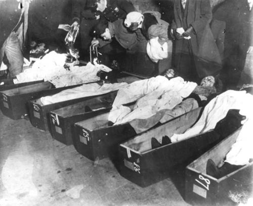 Family viewing held at a temporary morgue to identify the victims of the Triangle Shirtwaist Factory