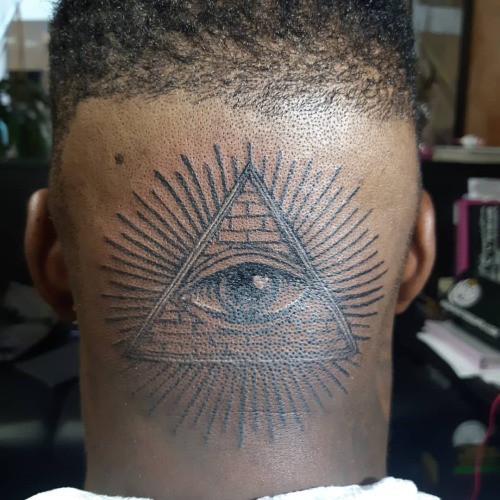 Got a good start on Gary’s #headtattoo today. #allseeingeye #pyramid #egyptian #tattoo by #fem