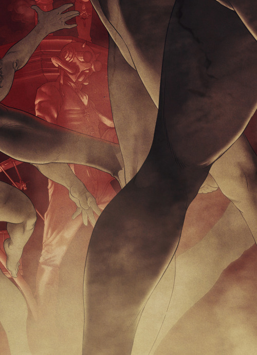 Close up on Sodo, with dancers's bodies on the foreground.