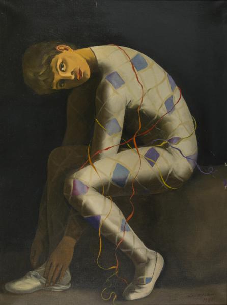 ganymedesrocks:  Aldo Pagliacci (1913 - 1991), Boy in a ‘costume’, 1980, In the artist ‘Arlequino’ series for which two more paintings are added, finishing with his tired Arlequin known as “L'Arlecchino Stanco”