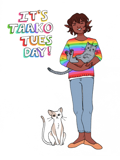 taz-ids:dairymold:it’s taako tuesday[ID] A full color drawing of Taako, smiling as he holds a cat, another cat sitting o
