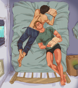 castielsscruff:  completed(?) version of this sketch. Teacher Dean and Cas relaxing after a long day.