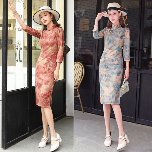 Winter Floral Midi Suede Qipao / Cheongsam Party Dress