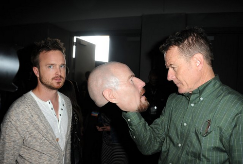 magic-murder-bag: disruptedoriginal:  This motherfucker was walking around Comic-Con in a hyper-realistic Walter White/Bryan Cranston mask  guess who was underneath this Bryan Cranston mask fucking Bryan Cranston.   Aaron Paul’s face is like a million