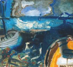 le-desir-de-lautre:  Patrick Heron (English, 1920-1999), Boats at Night: 1947, 1947, oil on wood,  450 x 495 mm. 