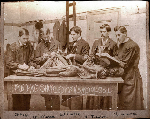  Medical students from the Medical College of Virginia at the dissection table in Anatomy lab (1898-1910). 