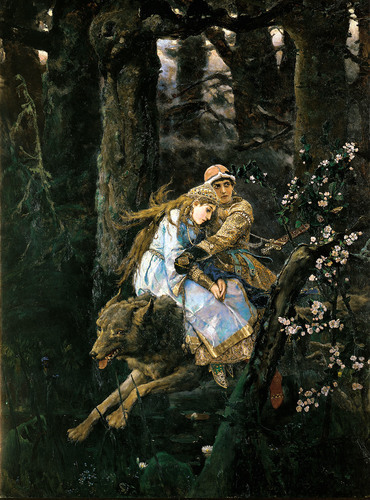 viktor-vasnetsov: Ivan Tsarevich Riding the Grey Wolf, 1889, Viktor VasnetsovMedium: oil,canvas