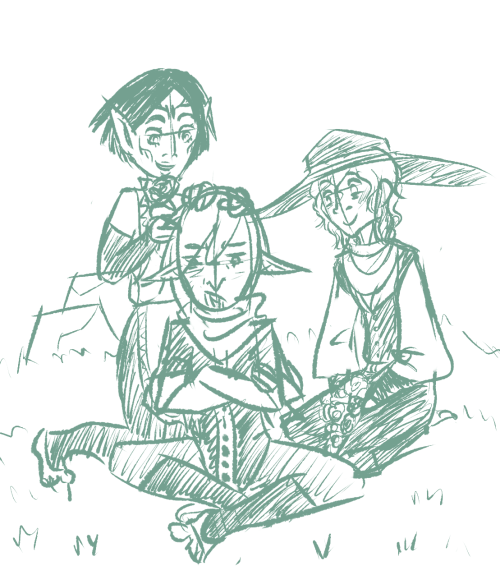 dewdropdaze:  Fenris doesn’t understand how he got roped into hanging out with Varric’s weird demon children, but it happened. also anyone who can draw cole has +1000 respect that child is impossible and also i can’t remember what he wears