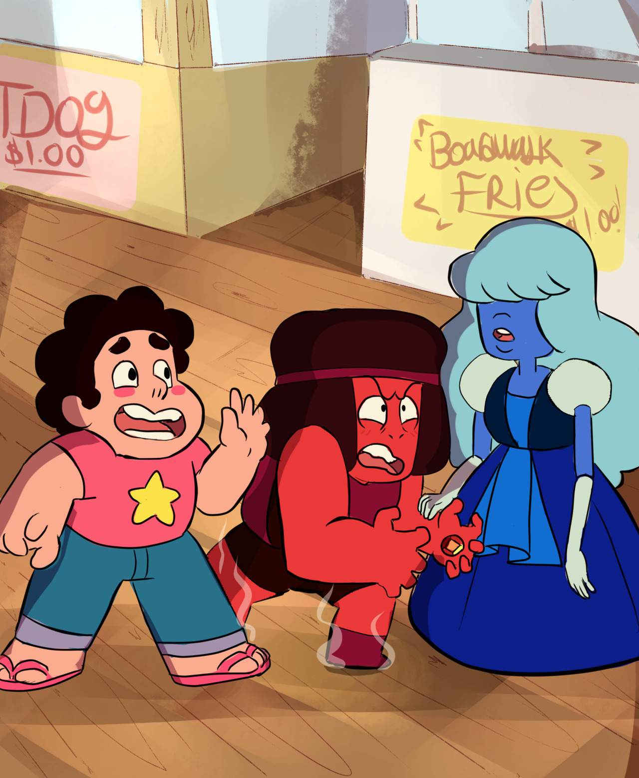 [Ruby: WHAT DO YOU MEAN ‘TOO SHORT TO RIDE’?!Sapphire: Ruby, The pier.Steven: