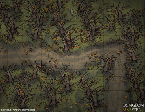 dungeonmapster:  Downloads here!  I put together a Halloween-themed session for my players a couple weeks ago, and found myself needing an old spooky forest road on which to meet the headless horseman, so I put this together. I hope it makes for a map