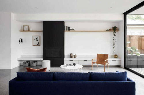 remodelproj:Fireplace off center to allow for TV area with floating lower storage benchmodernhomes