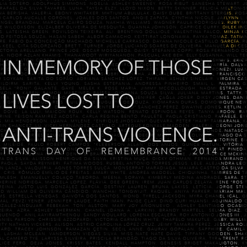 In memory of those lives lost to Anti-Trans Violence.Trans Day of Remembrance 2014