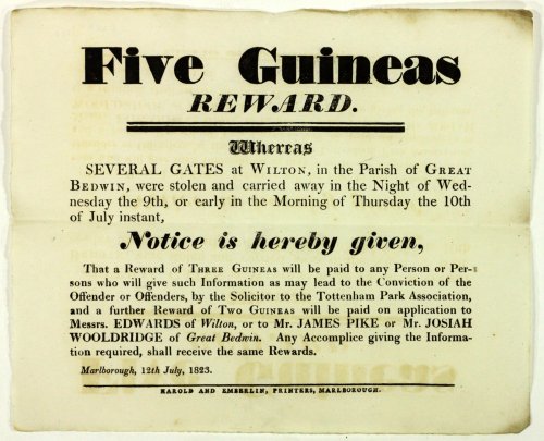 Rare 19th century printed handbill offering Five Guineas Reward in relation tot he theft of gates at