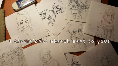 ikimaru: I thought it would be nice so, I’m doing some traditional sketch commissions via patreon, they’re 9.5 x 9.5 cm (a bit bigger than a post-it) and can be in either pencil or pen and of whichever character of your choice or oc :^) you can find