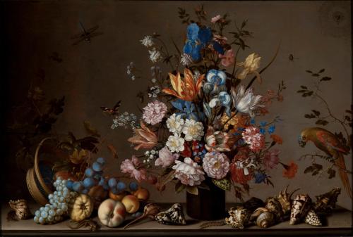 Still life with Tilted Basket of Fruit, Vase of Flowers, and Shells. Balthasar van der Ast, 1640s.