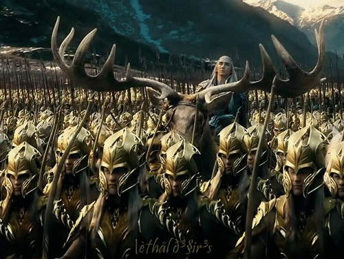 aynat-shelem:  Thranduil’s soldiers: -Ouch! -Fuck! -Shit!  -Auch! - OMG!  - No!  -Shit! - Auch!  - Oh! My foot!  Thranduil: - Get out of my way…. Get out….  
