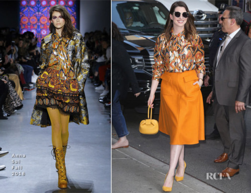 Anne Hathaway wearing Anna Sui &amp; Rochas on ‘The Late Show with Stephen Colbert&rs
