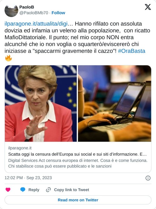 https://t.co/QdUXaTsovA… Hanno rifilato con assoluta dovizia ed infamia un veleno alla popolazione, con ricatto MafioDittatoriale. Il punto; nel mio corpo NON entra alcunché che io non voglia o squarterò/eviscererò chi iniziasse a "spaccarmi gravemente il cazzo"! #OraBasta🔥  — PaoloB (@PaoloBMb70) September 23, 2023