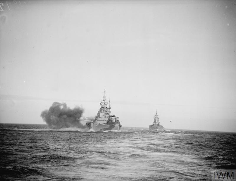 Royal Navy battlecruiser Renown firing a 15-inch salvo, being followed by a Nelson class battleship, 1942.
Source