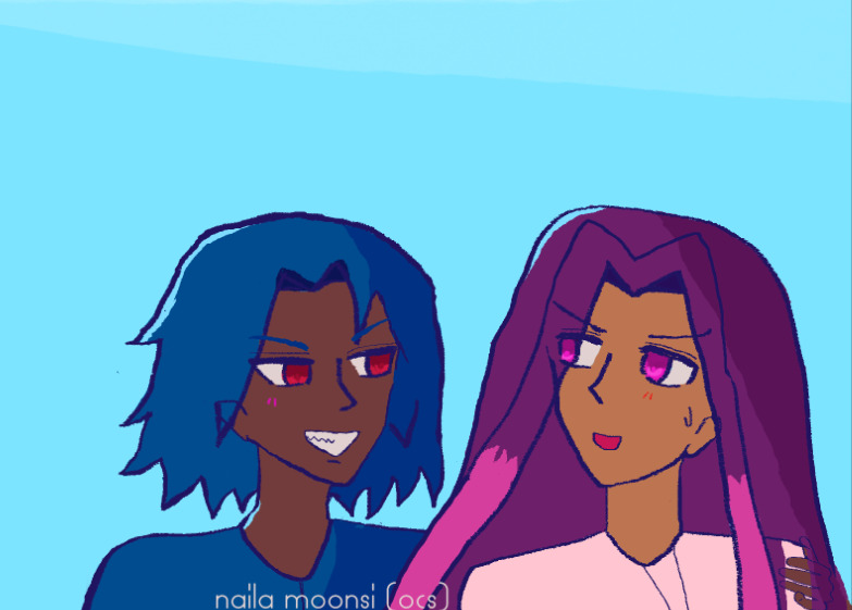 Antonio has red eyes, a grin, is brown, has lighter ocean blue hair that falls like ocean waves, and has grabbed onto Alejandro, who looks a little shy, is sienna brown, has long violet hair, fuschia eyes (a power-up of red eyes), dark pink dyed locks in front of him, and he's wearing a pink shirt, as is looking back at Antonio. They both have slight blushes.