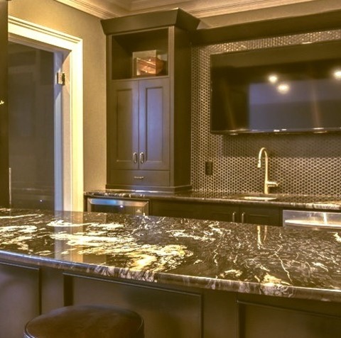 Transitional Home Bar Image Of A Home Bar In A Mid-sized Transitional Room With A Beige Floor And A Single-wall
