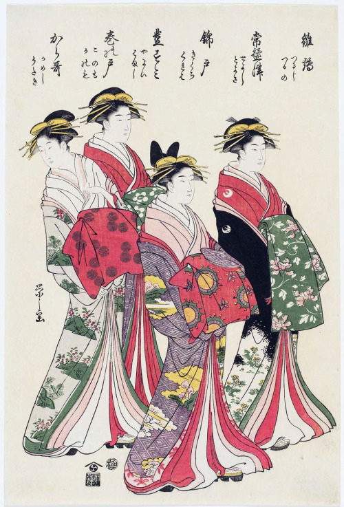 jeannepompadour:Four courtesans by Hosoda Eishi, 1790Choubunsai Eishi (1756-1829)　鳥文斎栄之 Courtesans o