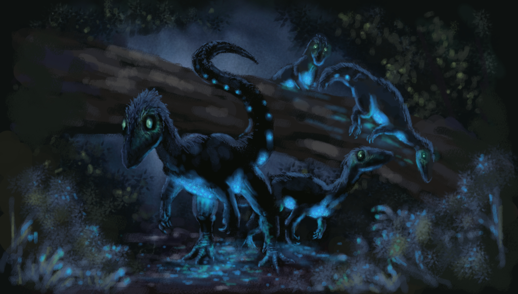 fuckyeahdinoart:  Bioluminescent Compys by Alexanderlovegrove 