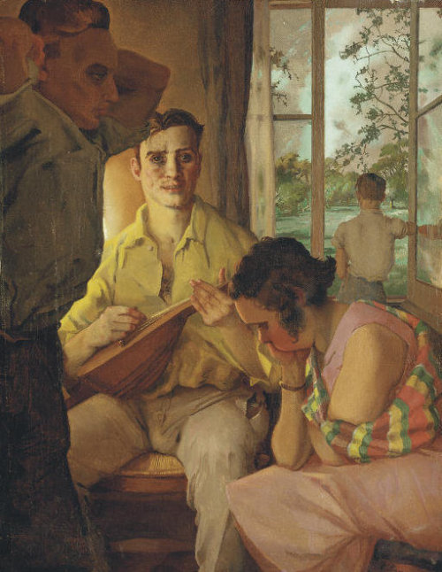 Konstantin Andreevich Somov (1869-1939) - Le Joueur de Mandoline & son Auditoire, 1936, huile su